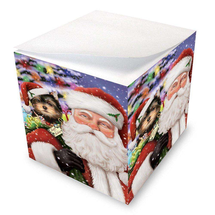 Jolly Old Saint Nick Santa Holding Yorkshire Terriers Dog and Happy Holiday Gifts Note Cube D196
