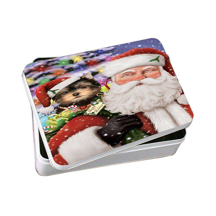 Jolly Old Saint Nick Santa Holding Yorkshire Terriers Dog and Happy Holiday Gifts Photo Storage Tin