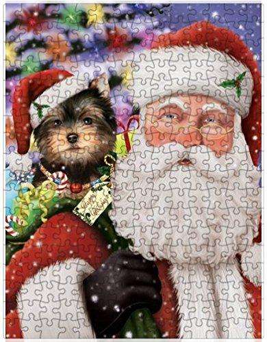 Jolly Old Saint Nick Santa Holding Yorkshire Terriers Dog and Happy Holiday Gifts Puzzle with Photo Tin