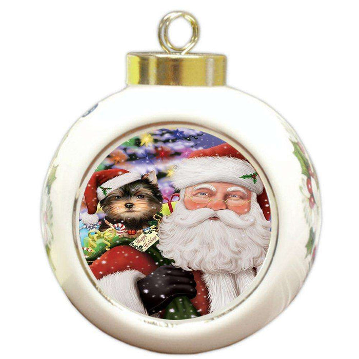 Jolly Old Saint Nick Santa Holding Yorkshire Terriers Dog and Happy Holiday Gifts Round Ball Christmas Ornament