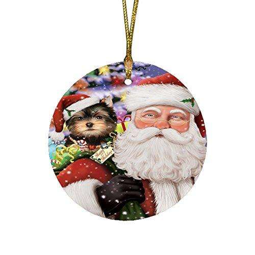 Jolly Old Saint Nick Santa Holding Yorkshire Terriers Dog and Happy Holiday Gifts Round Christmas Ornament