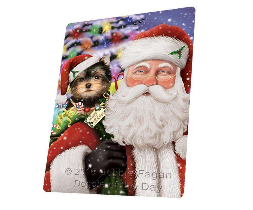 Jolly Old Saint Nick Santa Holding Yorkshire Terriers Dog and Happy Holiday Gifts Tempered Cutting Board