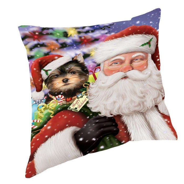 Jolly Old Saint Nick Santa Holding Yorkshire Terriers Dog and Happy Holiday Gifts Throw Pillow