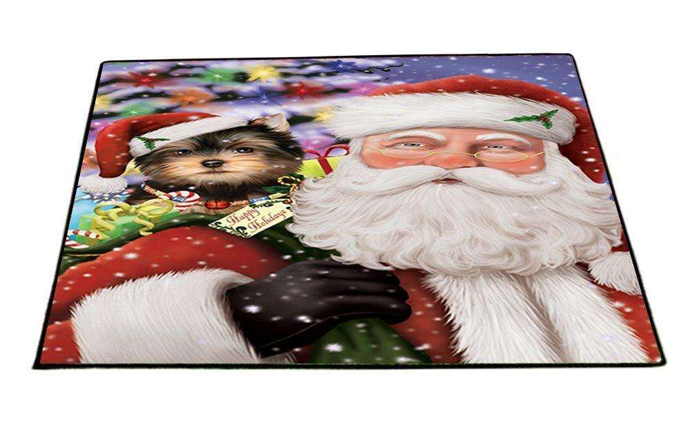 Jolly Old Saint Nick Santa Holding Yorkshire Terriers Dog Christmas Holiday Presents Indoor/Outdoor Floormat