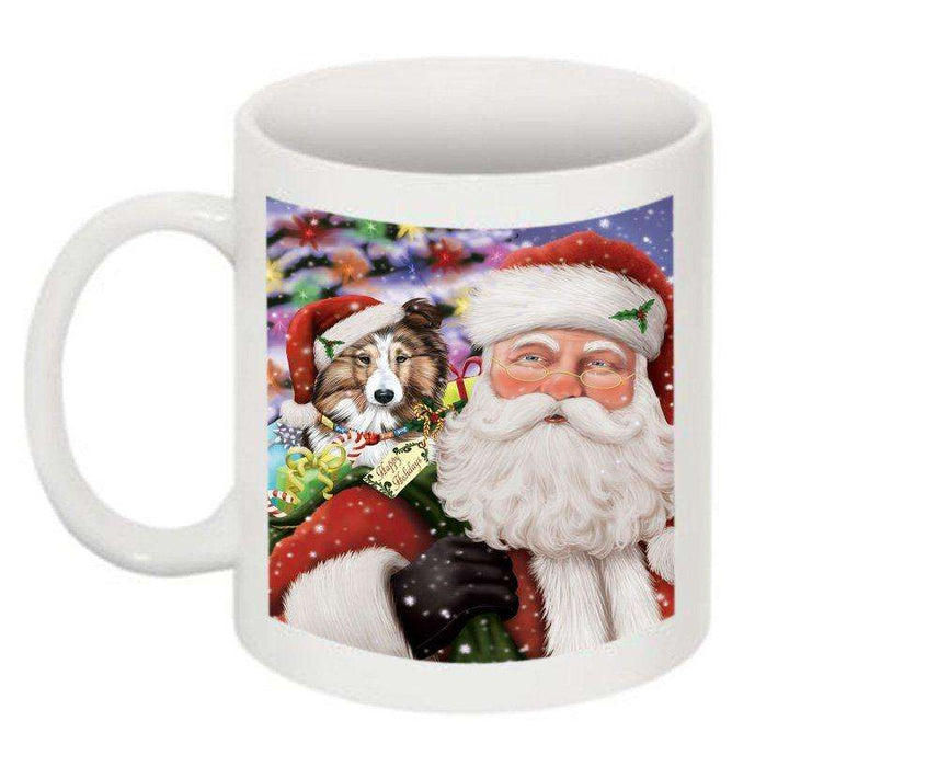 Jolly Santa Holding Shetland Sheepdog Christmas Mug CMG0297