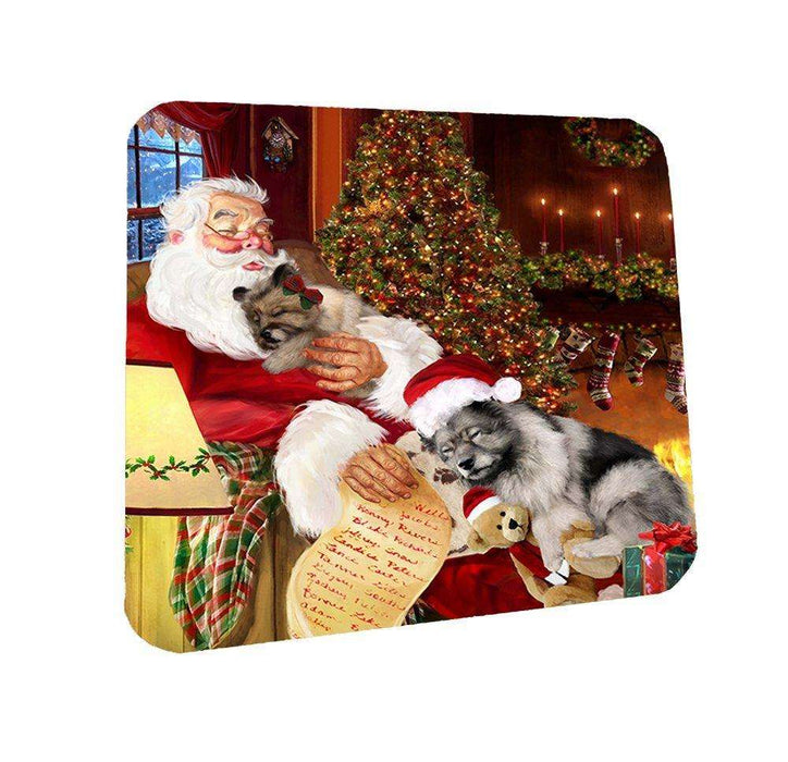 Keeshond Dog and Puppies Sleeping with Santa Coasters Set of 4