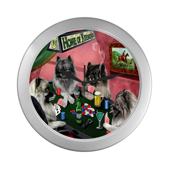 Home of Keeshond Dogs Playing Poker Silver Wall Clocks
