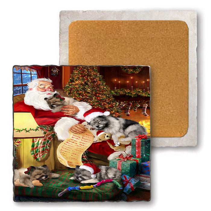 Set of 4 Natural Stone Marble Tile Coasters - Keeshonds Dog and Puppies Sleeping with Santa MCST48108