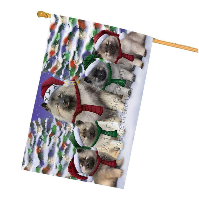 Keeshonds Dog Christmas Family Portrait in Holiday Scenic Background House Flag FLG52797