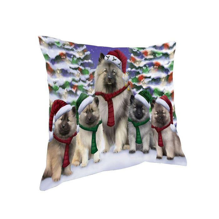 Keeshonds Dog Christmas Family Portrait in Holiday Scenic Background Pillow PIL67020