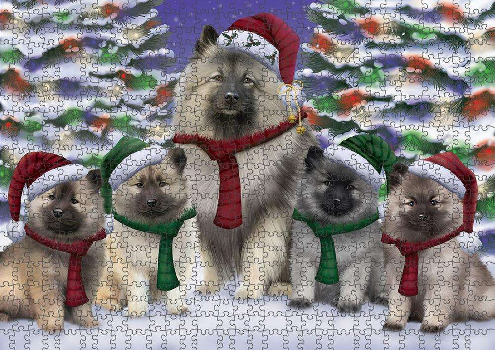 Keeshonds Dog Christmas Family Portrait in Holiday Scenic Background Puzzle with Photo Tin PUZL62079