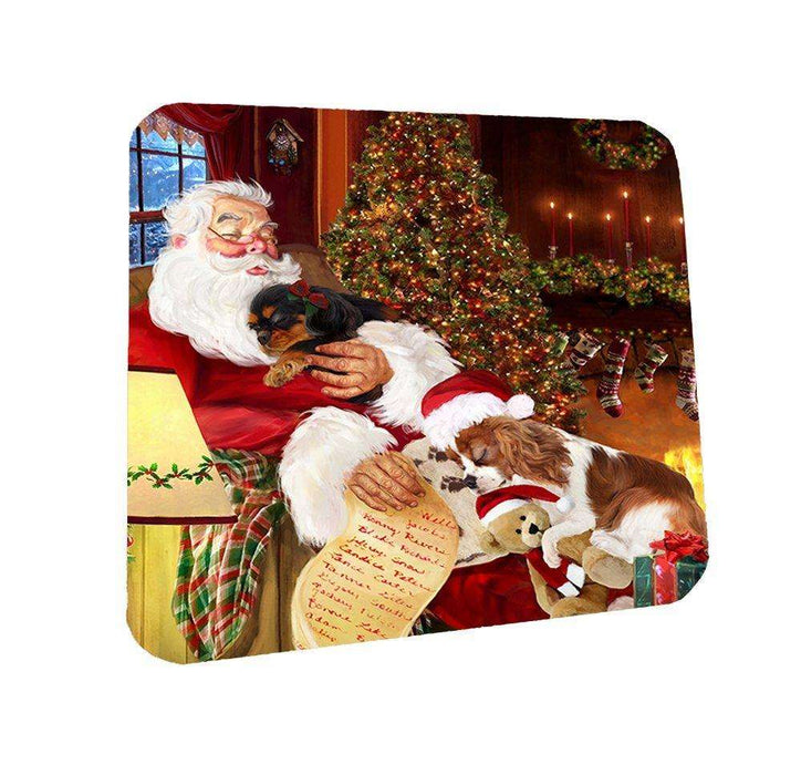 King Charles Spaniel Dog and Puppies Sleeping with Santa Coasters Set of 4