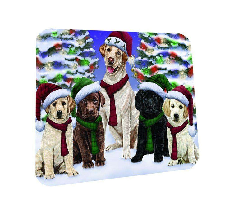 Labrador Dog Christmas Family Portrait in Holiday Scenic Background Coasters Set of 4