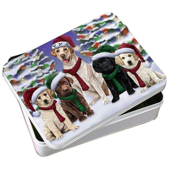 Labrador Dog Christmas Family Portrait in Holiday Scenic Background Photo Storage Tin