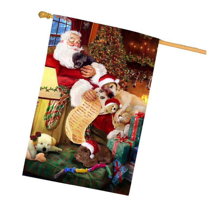 Labrador Retriever Dog and Puppies Sleeping with Santa House Flag