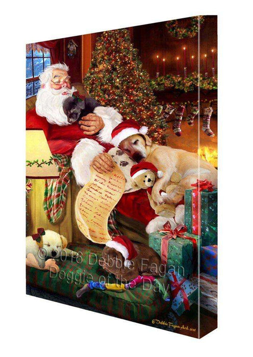 Labrador Retriever Dog and Puppies Sleeping with Santa Painting Printed on Canvas Wall Art