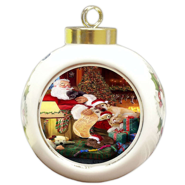 Labrador Retriever Dog and Puppies Sleeping with Santa Round Ball Christmas Ornament