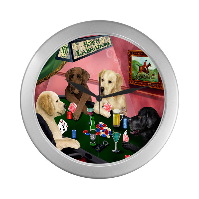 Home of Labrador Dogs Playing Poker Silver Wall Clocks