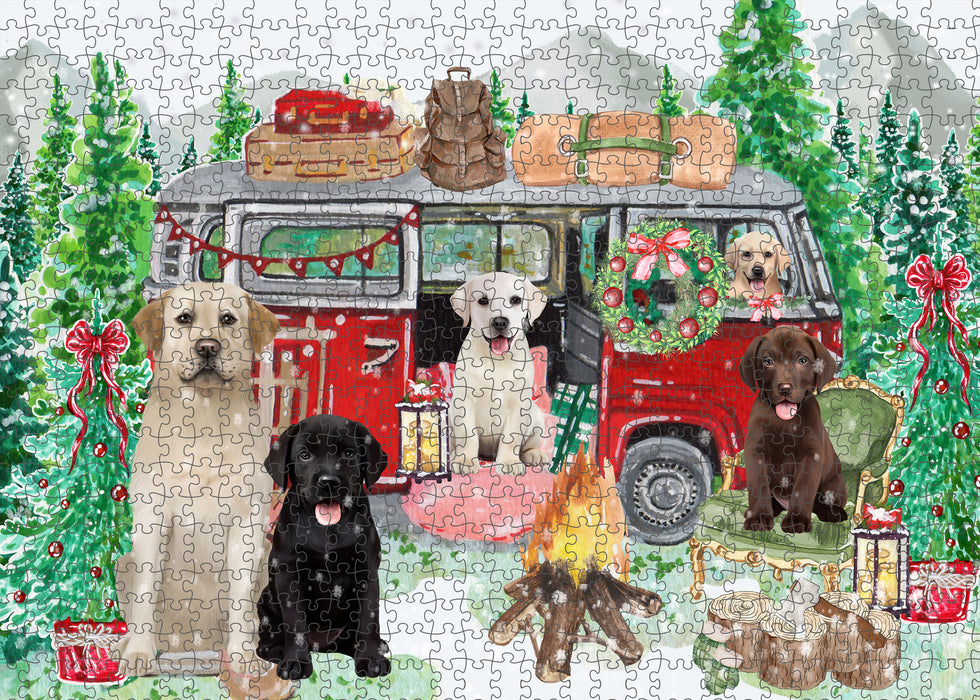 Christmas Time Camping with Labrador Retriever Dogs Portrait Jigsaw Puzzle for Adults Animal Interlocking Puzzle Game Unique Gift for Dog Lover's with Metal Tin Box