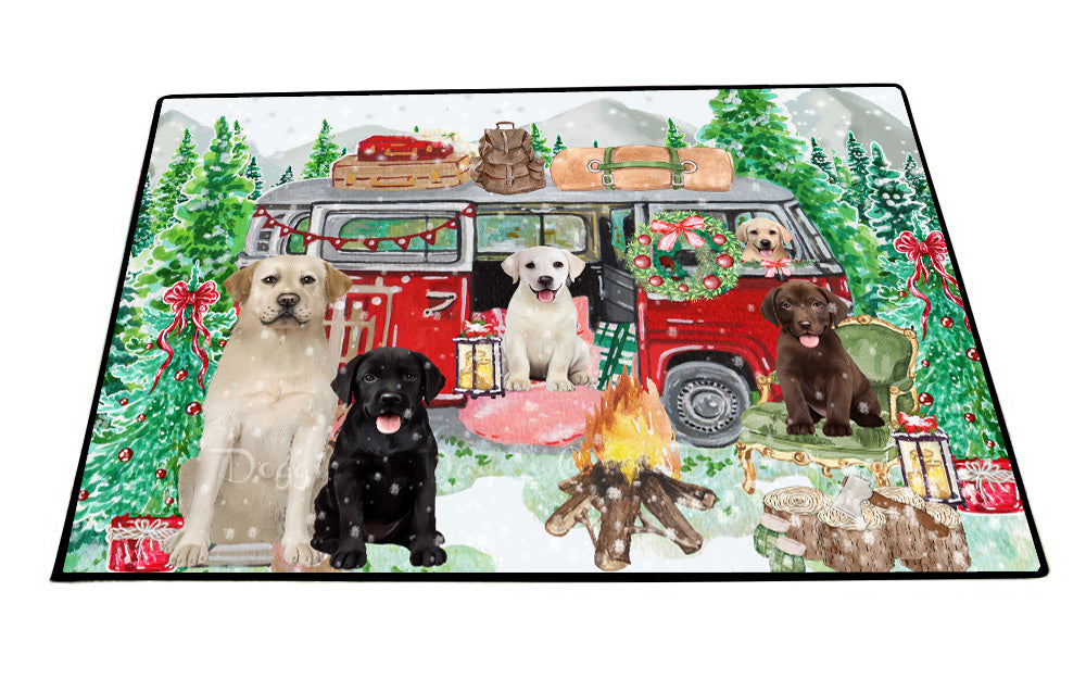 Christmas Time Camping with Labrador Retriever Dogs Floor Mat- Anti-Slip Pet Door Mat Indoor Outdoor Front Rug Mats for Home Outside Entrance Pets Portrait Unique Rug Washable Premium Quality Mat