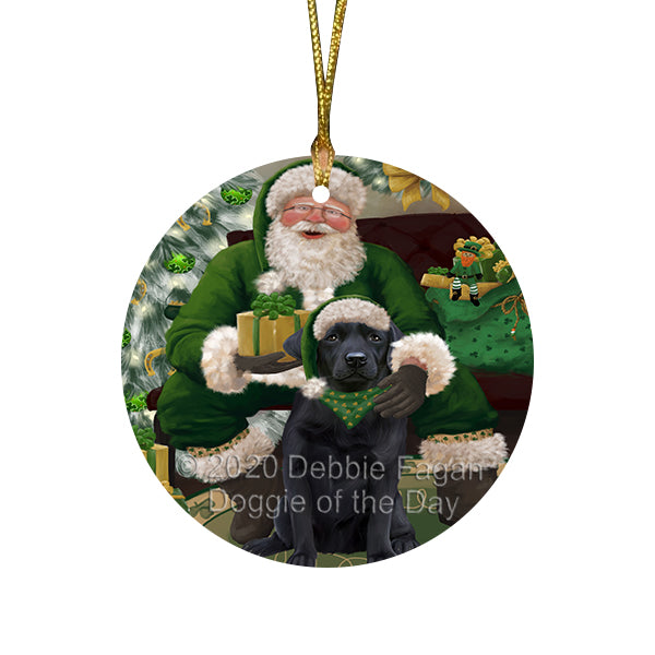 Christmas Irish Santa with Gift and Irish Red Setter Dog Round Flat Christmas Ornament RFPOR57936