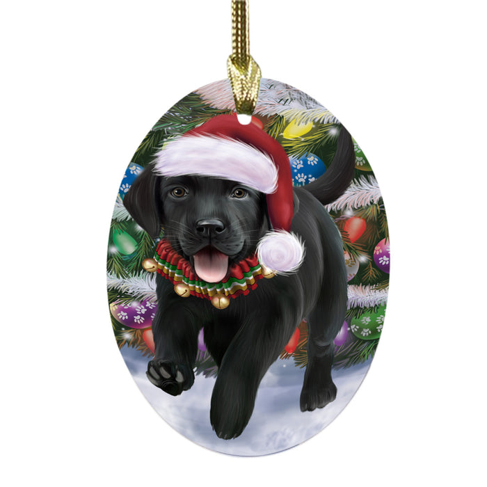 Trotting in the Snow Labrador Retriever Dog Oval Glass Christmas Ornament OGOR49453