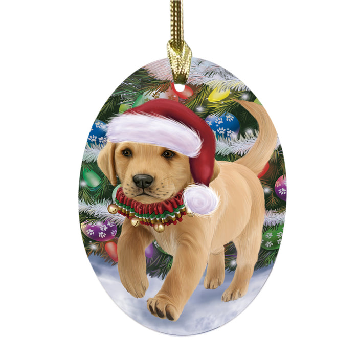 Trotting in the Snow Labrador Retriever Dog Oval Glass Christmas Ornament OGOR49454