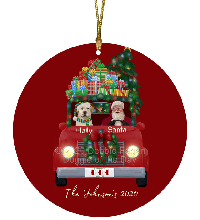 Personalized Christmas Honk Honk Red Truck Here Comes with Santa and Labrador Dog Round Flat Ornament PRBPOR59089
