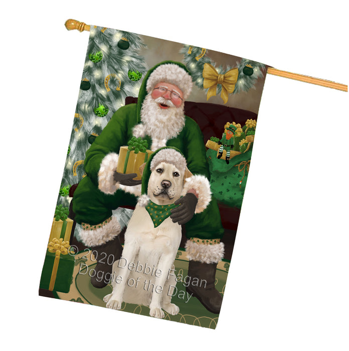 Christmas Irish Santa with Gift and Labrador Dog House Flag FLG66711