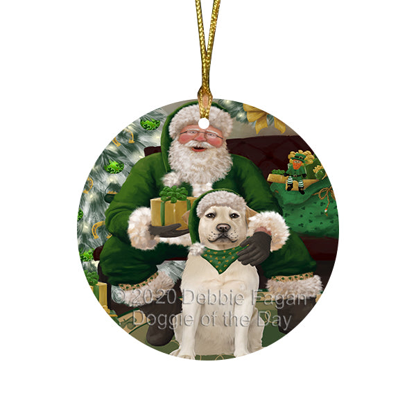 Christmas Irish Santa with Gift and Keeshond Dog Round Flat Christmas Ornament RFPOR57937