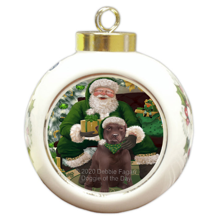 Christmas Irish Santa with Gift and Labrador Dog Round Ball Christmas Ornament RBPOR57940
