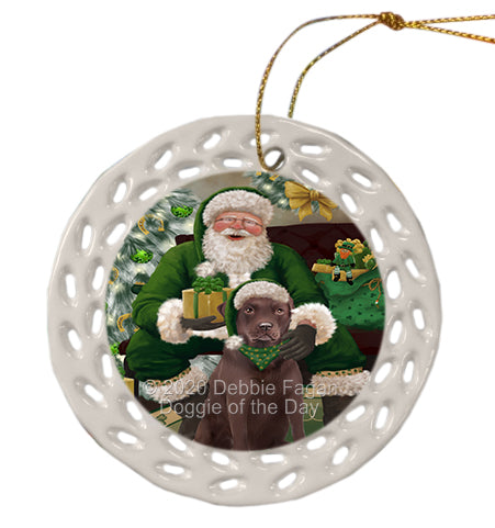 Christmas Irish Santa with Gift and Labrador Dog Doily Ornament DPOR59502
