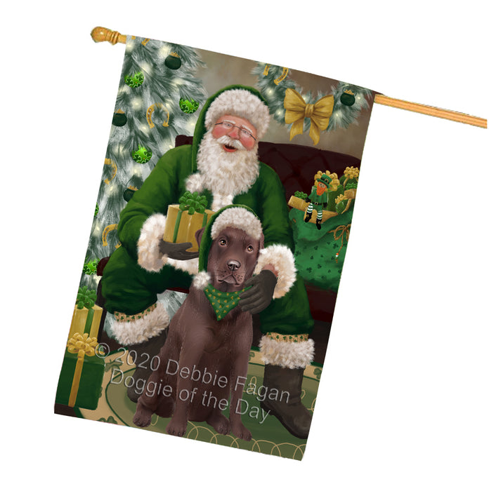 Christmas Irish Santa with Gift and Labrador Dog House Flag FLG66712
