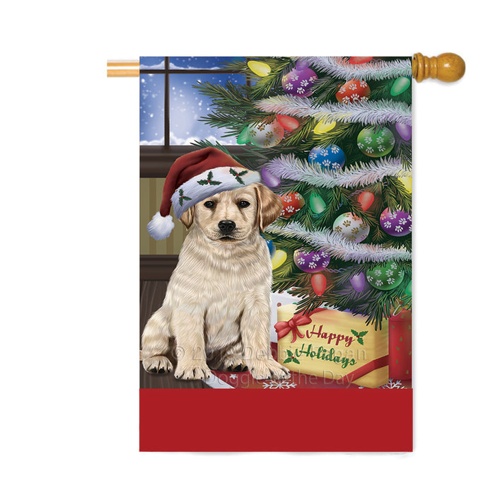 Personalized Christmas Happy Holidays Labrador Dog with Tree and Presents Custom House Flag FLG-DOTD-A58698