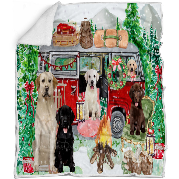 Christmas Time Camping with Labrador Retriever Dogs Blanket - Lightweight Soft Cozy and Durable Bed Blanket - Animal Theme Fuzzy Blanket for Sofa Couch