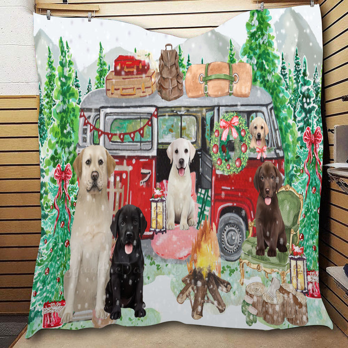 Christmas Time Camping with Labrador Retriever Dogs  Quilt Bed Coverlet Bedspread - Pets Comforter Unique One-side Animal Printing - Soft Lightweight Durable Washable Polyester Quilt