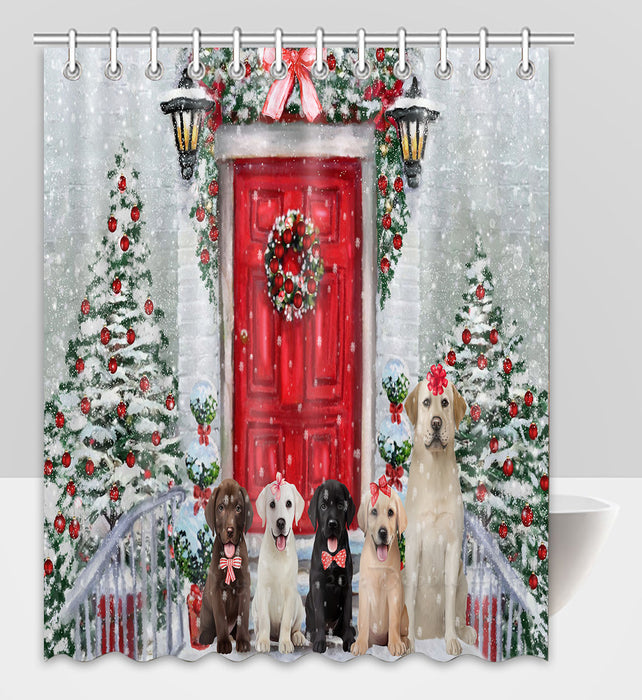 Christmas Holiday Welcome Labrador Retriever Dogs Shower Curtain Pet Painting Bathtub Curtain Waterproof Polyester One-Side Printing Decor Bath Tub Curtain for Bathroom with Hooks