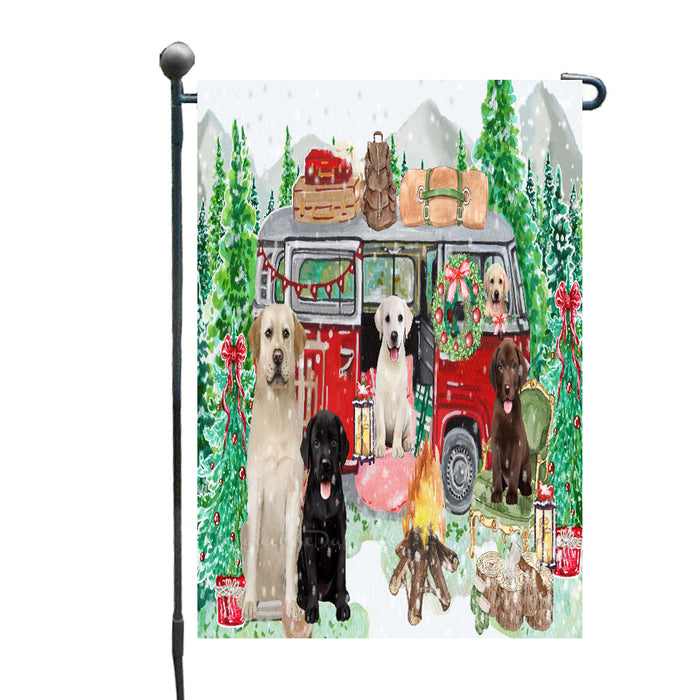 Christmas Time Camping with Labrador Retriever Dogs Garden Flags- Outdoor Double Sided Garden Yard Porch Lawn Spring Decorative Vertical Home Flags 12 1/2"w x 18"h