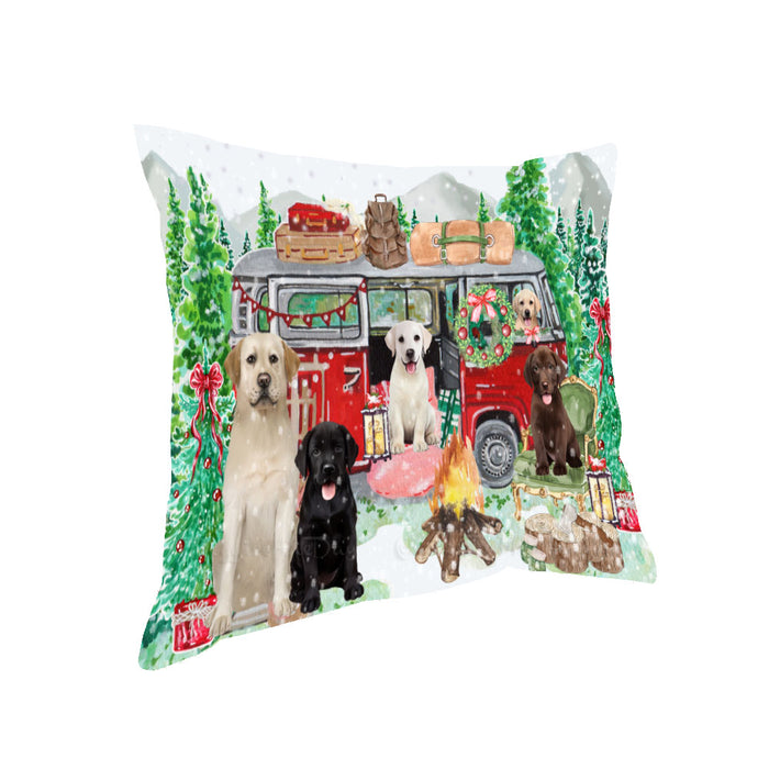 Christmas Time Camping with Labrador Retriever Dogs Pillow with Top Quality High-Resolution Images - Ultra Soft Pet Pillows for Sleeping - Reversible & Comfort - Ideal Gift for Dog Lover - Cushion for Sofa Couch Bed - 100% Polyester