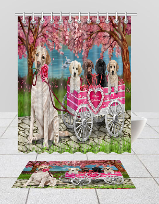 I Love Labrador Dogs in a Cart Bath Mat and Shower Curtain Combo