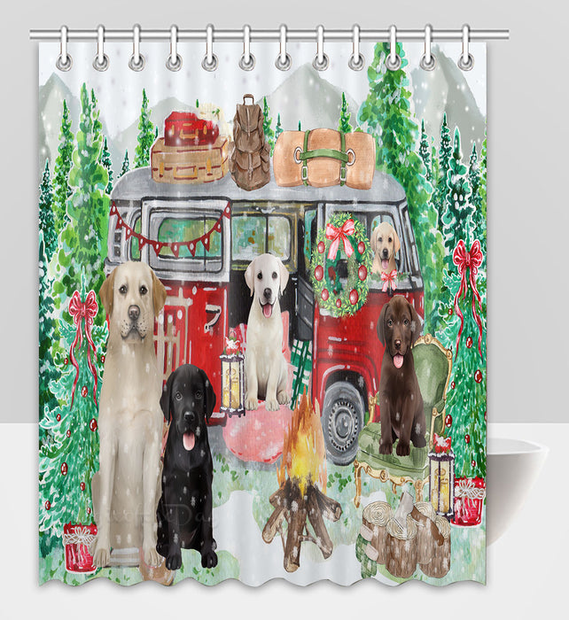 Christmas Time Camping with Labrador Retriever Dogs Shower Curtain Pet Painting Bathtub Curtain Waterproof Polyester One-Side Printing Decor Bath Tub Curtain for Bathroom with Hooks