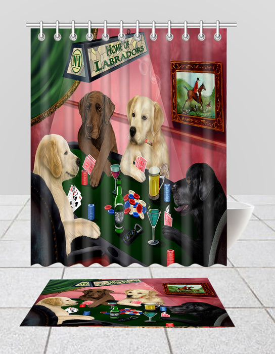 Home of  Labrador Dogs Playing Poker Bath Mat and Shower Curtain Combo