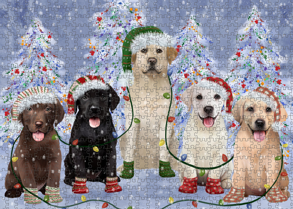 Christmas Lights and Labrador Retriever Dogs Portrait Jigsaw Puzzle for Adults Animal Interlocking Puzzle Game Unique Gift for Dog Lover's with Metal Tin Box