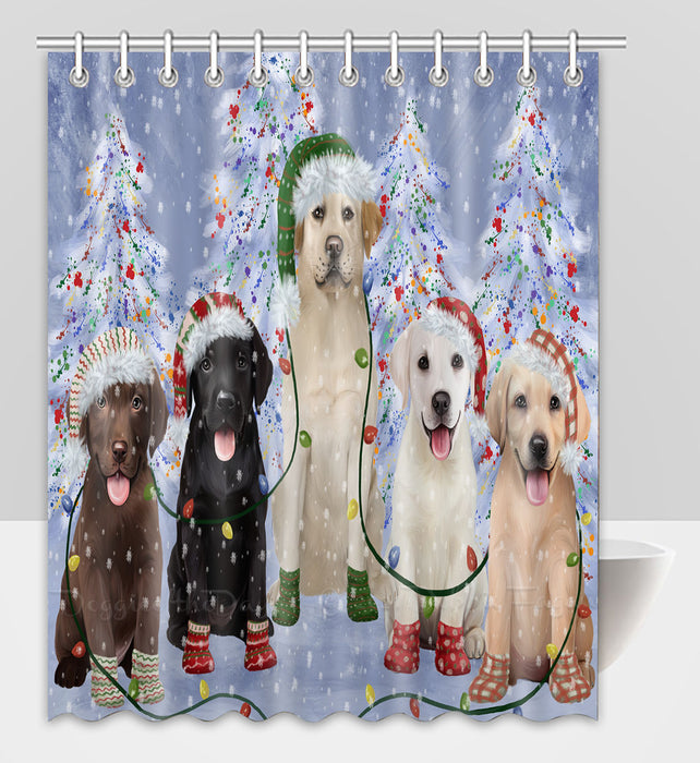 Christmas Lights and Labrador Retriever Dogs Shower Curtain Pet Painting Bathtub Curtain Waterproof Polyester One-Side Printing Decor Bath Tub Curtain for Bathroom with Hooks