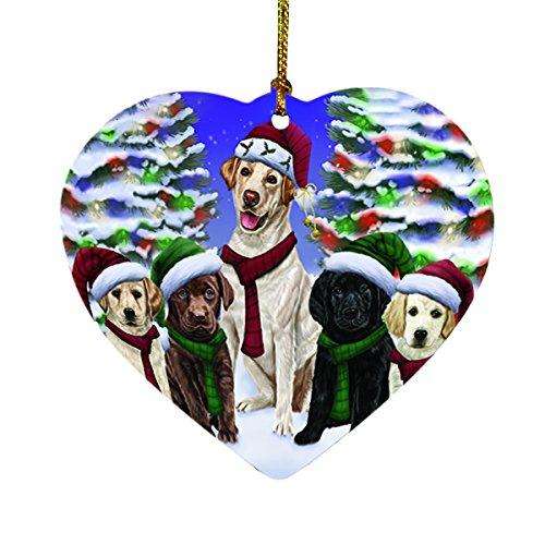 Labradors Dog Christmas Family Portrait in Holiday Scenic Background Heart Ornament D145