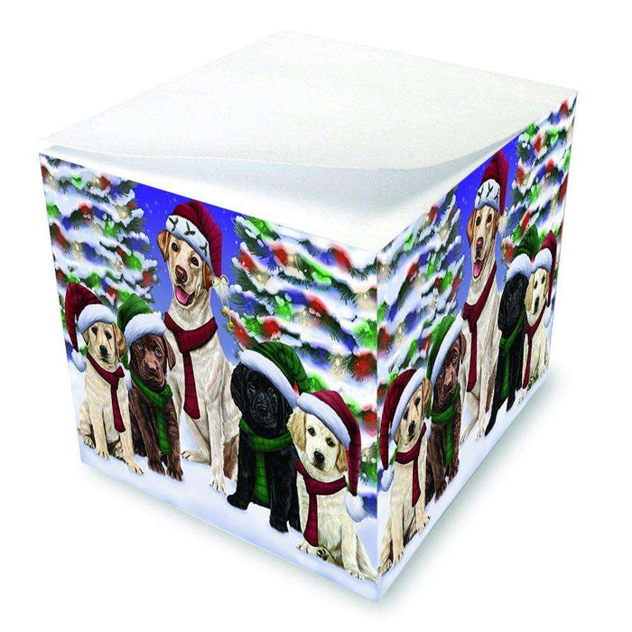 Labradors Dog Christmas Family Portrait in Holiday Scenic Background Note Cube D165