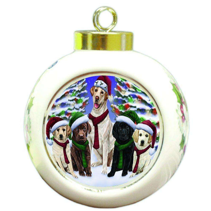 Labradors Dog Christmas Family Portrait in Holiday Scenic Background Round Ball Ornament D145