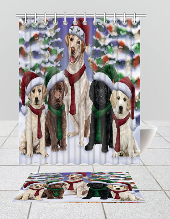Labrador Dogs Christmas Family Portrait in Holiday Scenic Background  Bath Mat and Shower Curtain Combo