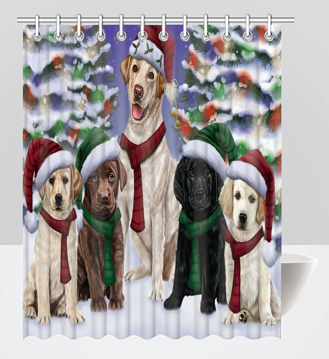 Labrador Dogs Christmas Family Portrait in Holiday Scenic Background Shower Curtain