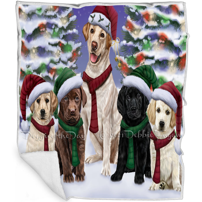 Labrador Dog Christmas Family Portrait in Holiday Scenic Background Art Portrait Print Woven Throw Sherpa Plush Fleece Blanket